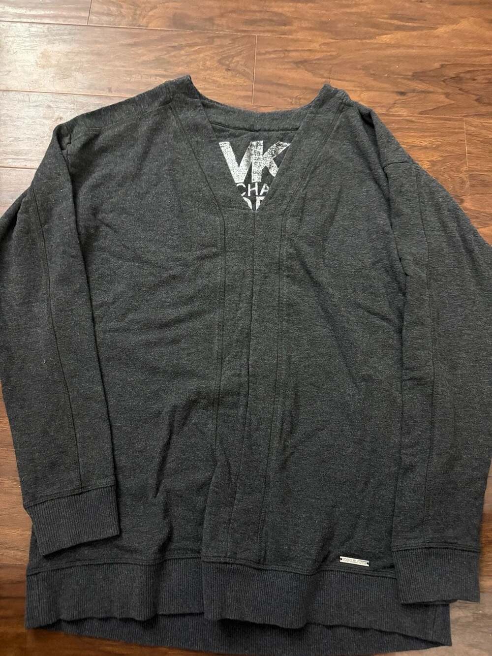 Michael Kors Men's Charcoal Grey V-Neck Pullover Sweater with Logo Detail